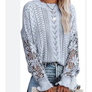 Lace Crochet Sweater Large Long Sleeve Crewneck